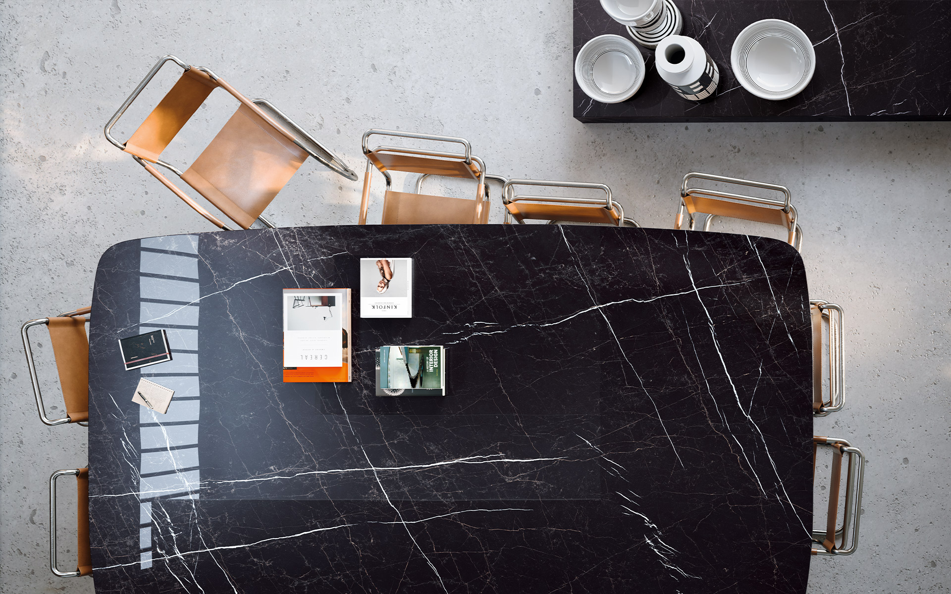 Total black marble effect slab with refined thin white veins