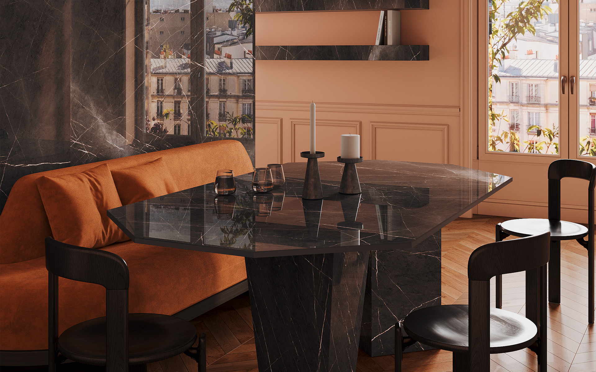 Lastra effetto marmo grigio grafite con sottili venature bianche