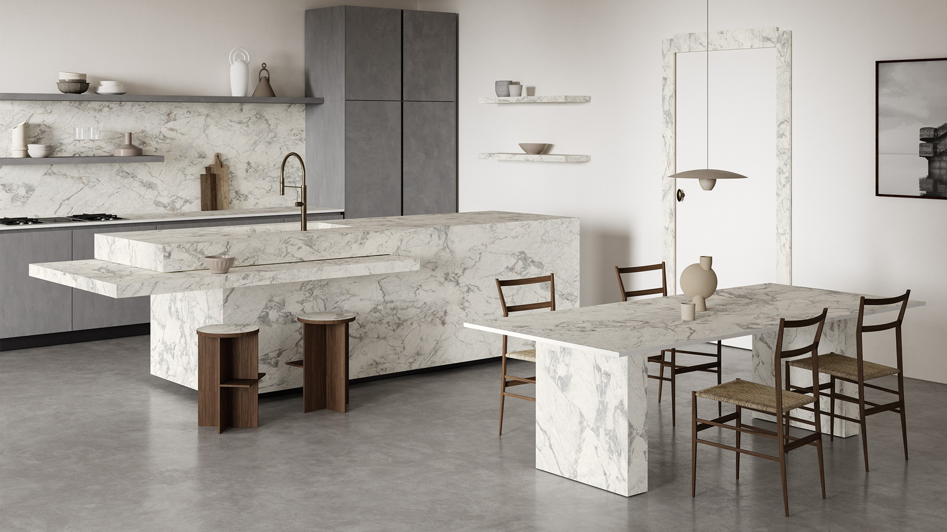 Cucina moderna con isola e pareti in grès effetto marmo bianco Calacatta Matarazzo Optimum, con venature delicate e finitura soft touch. Design elegante, luminoso e di grande formato.